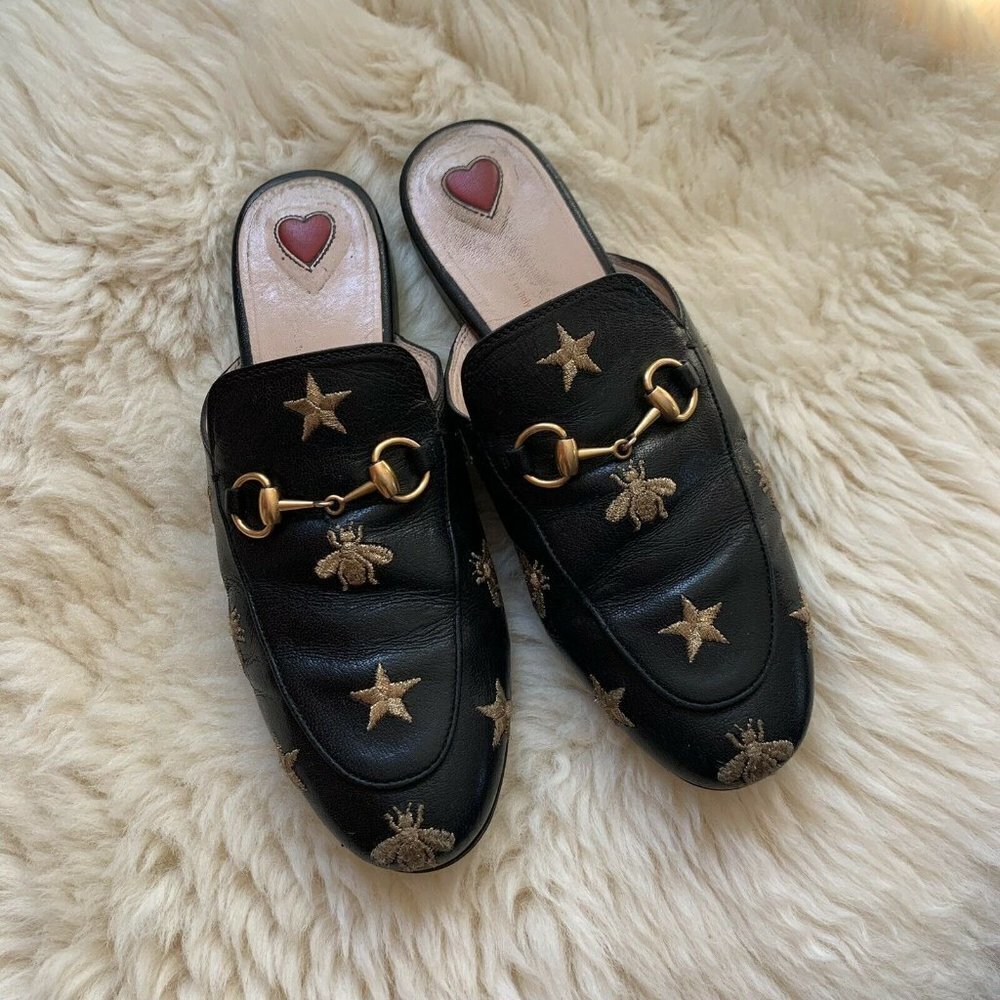 GUCCI Princetown Bees & Stars Embroidered Mules Black Leather Blogger Celebrity - Picture 4 of 13